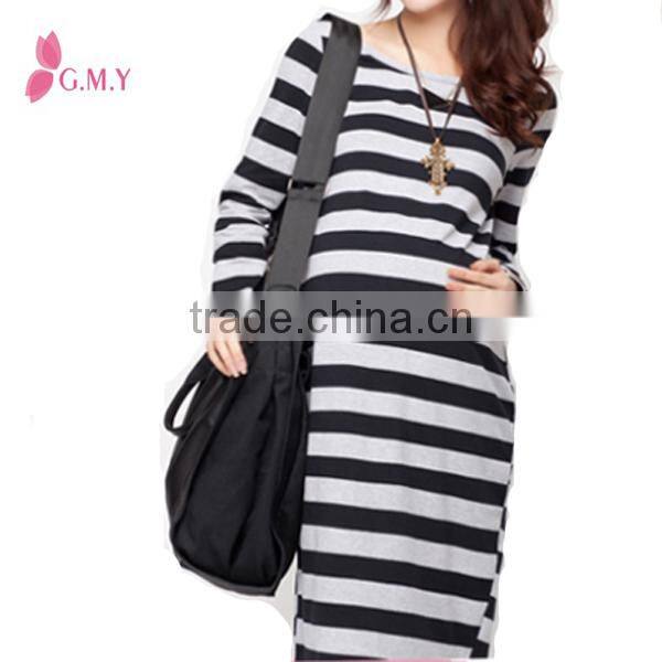 Red and black striped knitted maternity dresses, long sleeve cotton T-shirt dress for pregnant