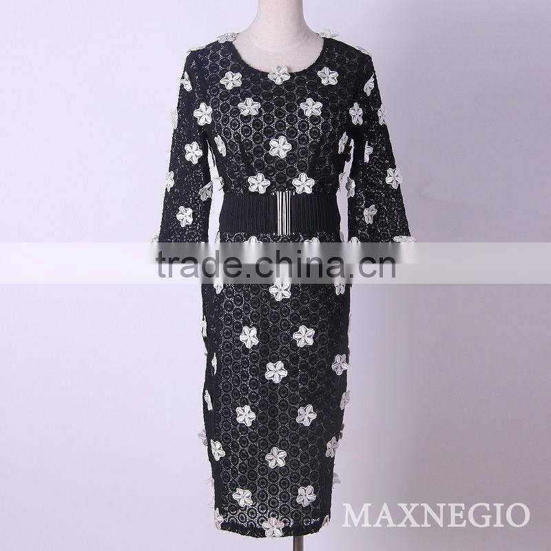 Hot fitting tailor black lace knee length white party dresses with waistband