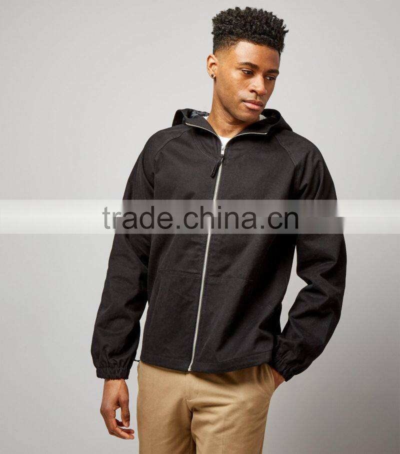 Mgoo Fashion 100% Cotton Black Hooded Jacket With Lining Casual Fit Balloon Sleeves Jacket Zipper Up