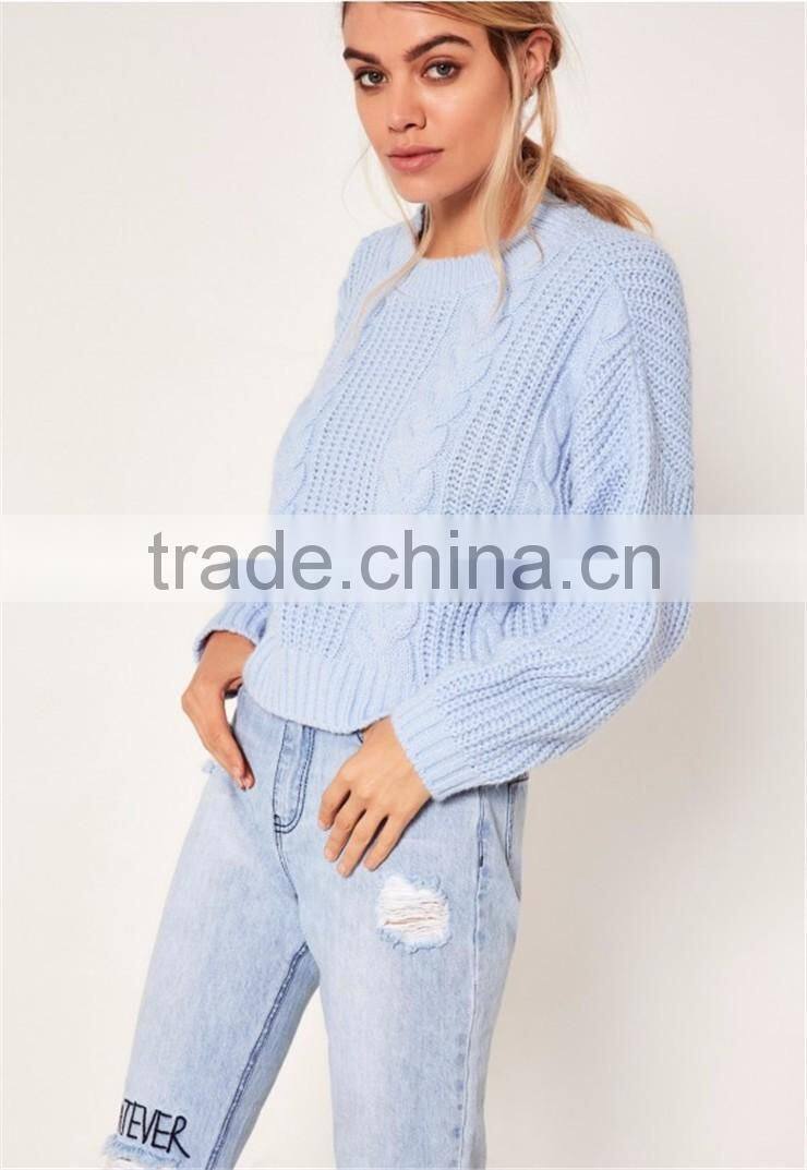 MGOO Women Plain Blue Cable Knit Slouchy Jumper With Drop Shouder Crop Knitwear Sweater