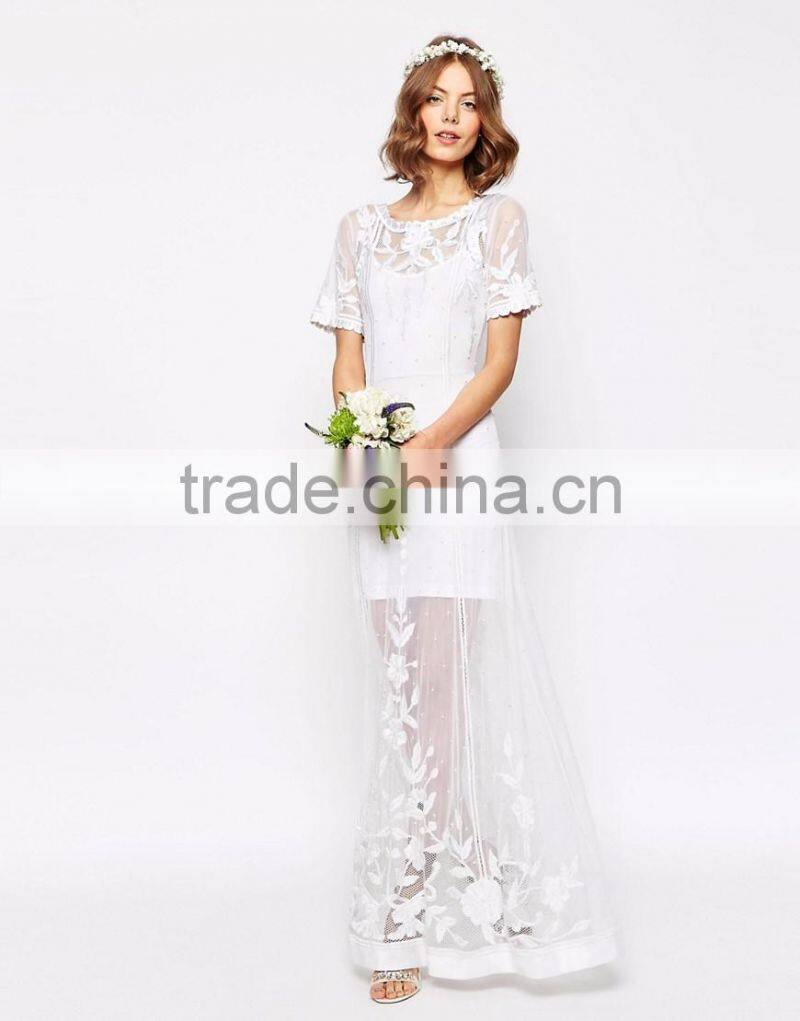 MGOO Sweetheart Bridal Delicate Lace And Pearl Maxi Dress With Short Sleeves Embroidered Dress
