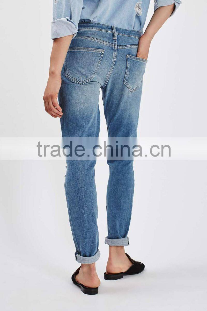 Women acid wash detailed ripped out ladies jeans denim jeans top design pant trousers