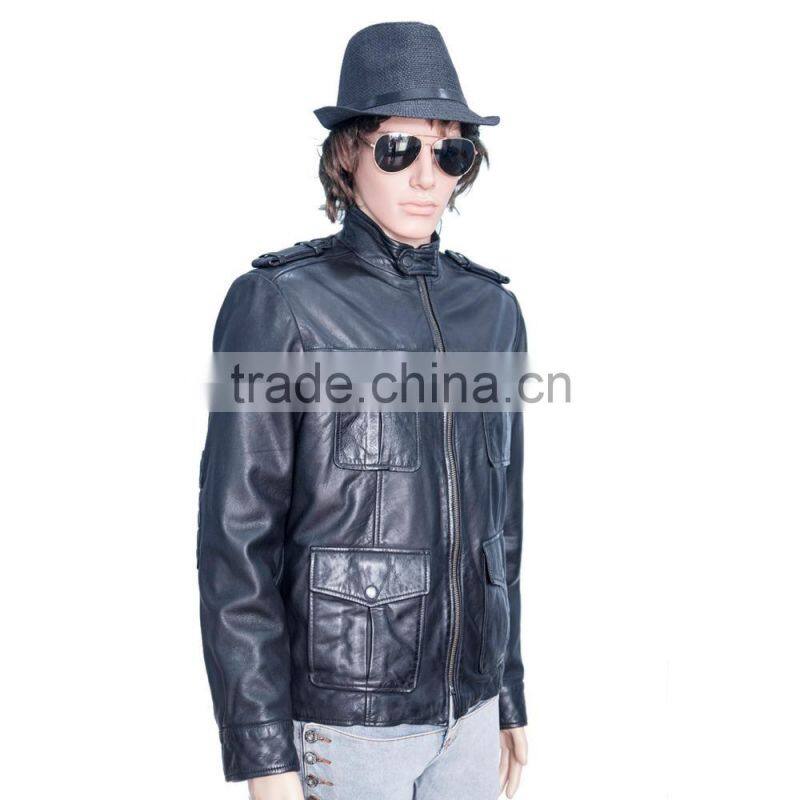 BIKER LEATHER JACKET WITH FOUR FLAP CHEST POCKET