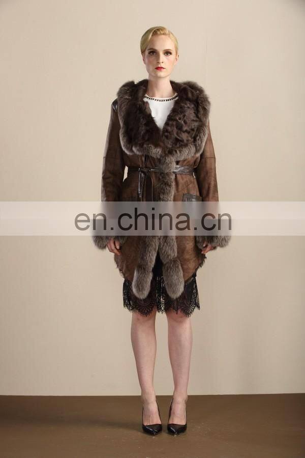 Elegant Style Sheep Fur Leather Overcoat Double Face Fur Coat Fox Fur Hooded Lamb Fur Skirt Jacket