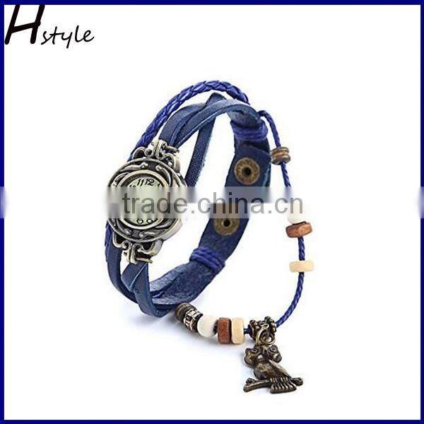 Fashion Women Leather Wrist Watch Bracelet Retro Owl Pendant Weave Wrap Quartz Watch(Blue) WP009