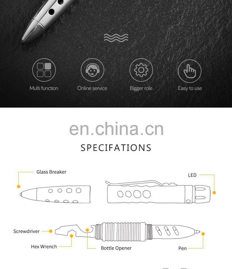 High Quality Stainless Steel with LED Lamp Outdoor Multifunctional Tactical Pen Outdoor self-defense Tool