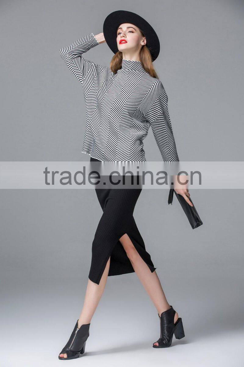 Special design strips pullover collar sexy knitwear knit sweater for Fashion leads