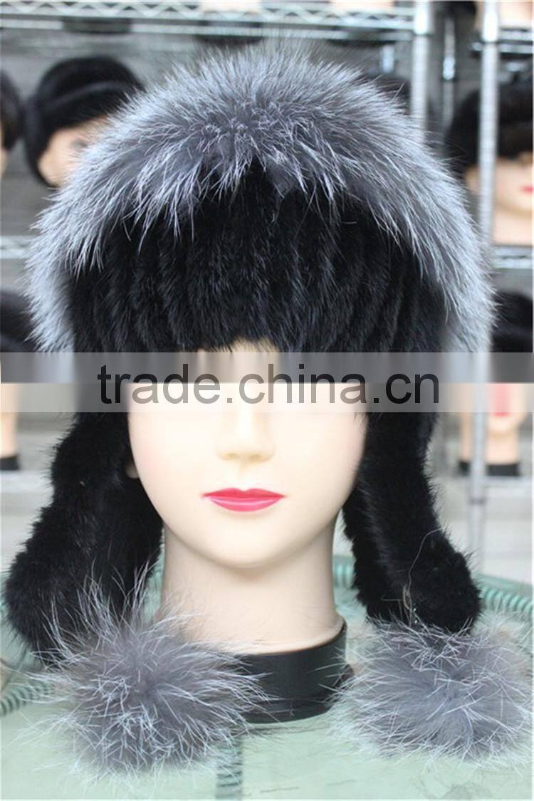 Women Winter Fur Hats Real Silver Fox Fur Pompom Mink Fur Hat With Ear Flap