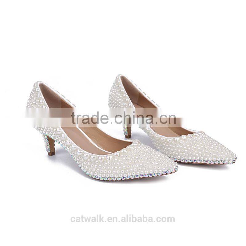 CATWALK15-S0190273 Fashion women luxurious dress shoes handmade peal low heel shoes beautiful women bridal shoes