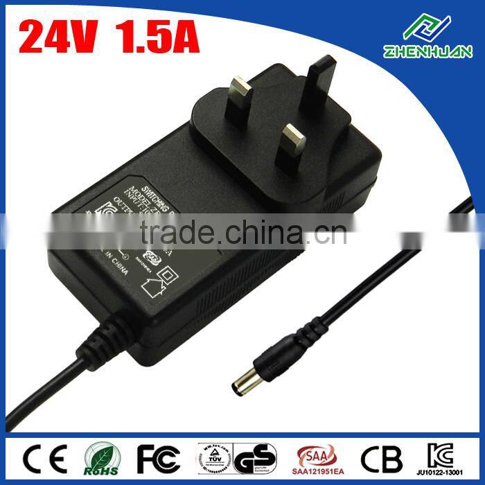 Power-tek adapter 24V 1.5A AC DC power adapter with CE KC SAA approval