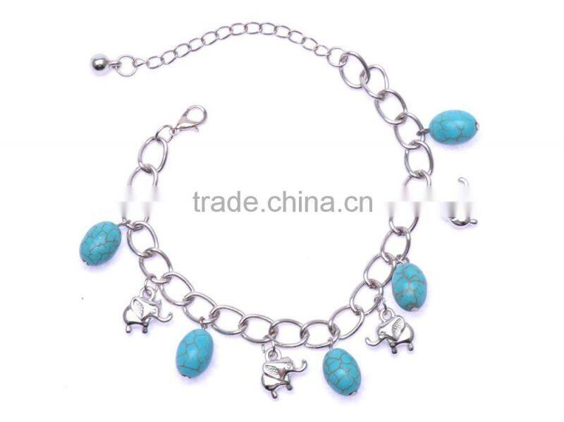 Lovely Tibetan Sliver Plated Turquoise Bead with Elepant Dangle Pendant Charm Bracelet & Bangle