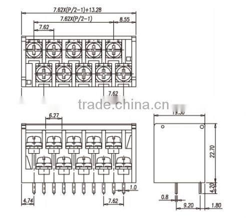 High and Low Double Row Barrier Terminal Block 20 pin Connector 2KDS 300V 10A 7.62mm Pitch
