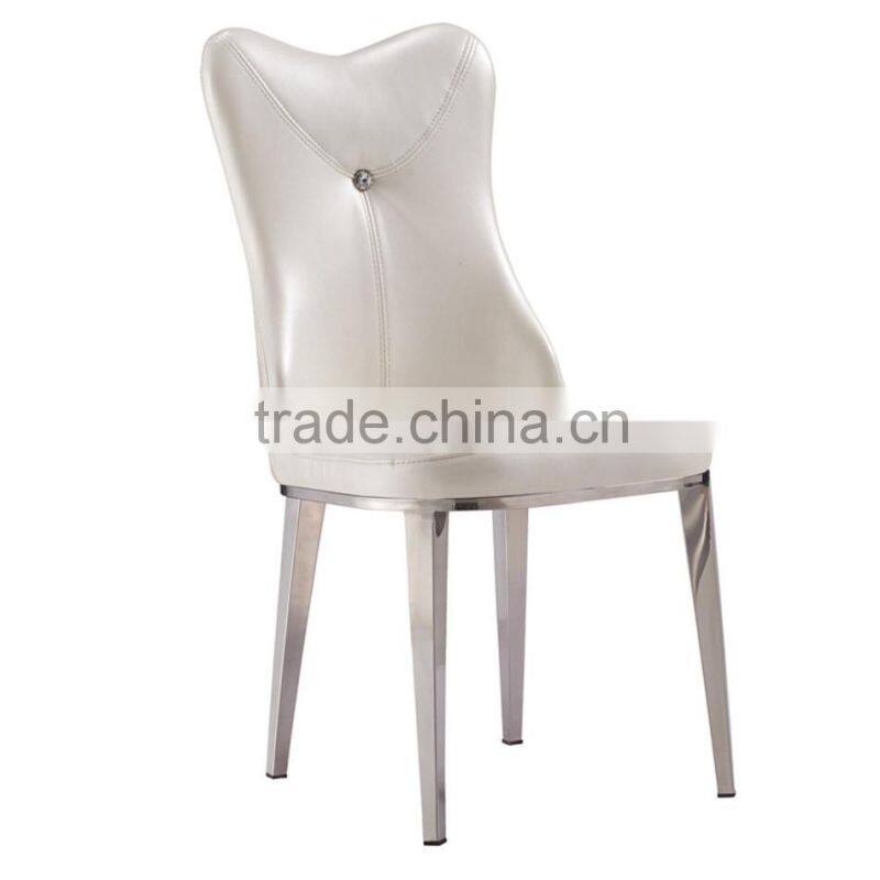 Concaved headrest dinning chair with white glossy PU covering and iron legs