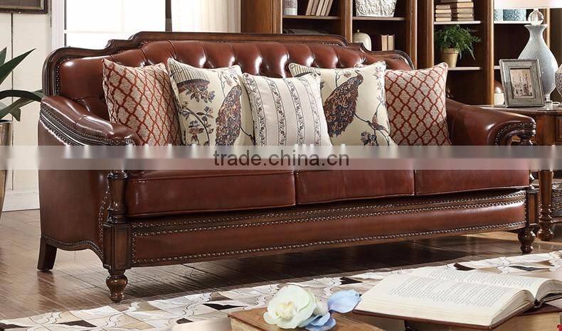 American classic concise solid wood hand carved living room furniture genuine leather 1+2+3 sofa set