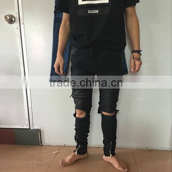 Europe grey black ripped denim pants slim jeans with zip down