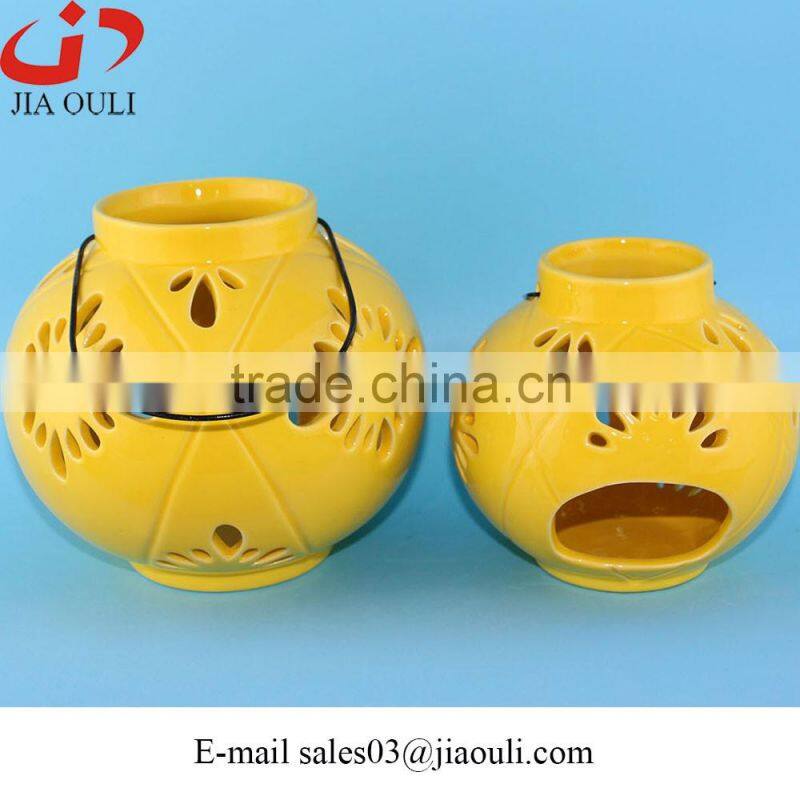 New deisgn home decoration yellow ceramic hurricane lamp, lantern