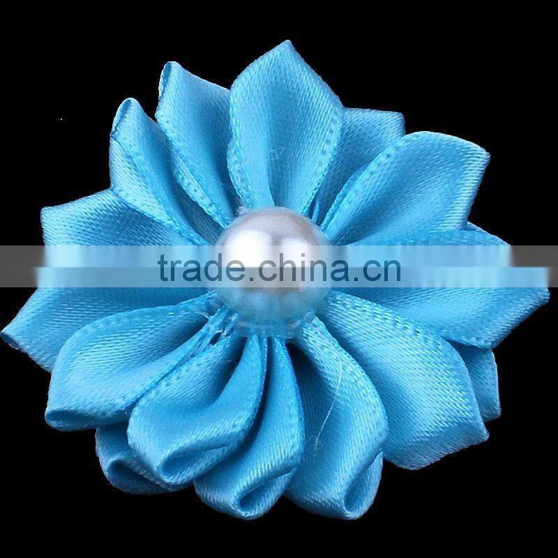 satin ribbon flower with pearl bead center for kids hair accessories