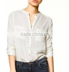 Banded collar blouse shirts two pockets casual fashion shirts for ladies