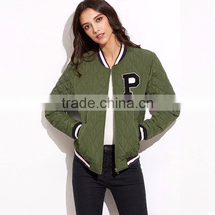 HAODUOYI Women Warm Solid Letter embroidery Lattice Street Zipper Bomber Jacket