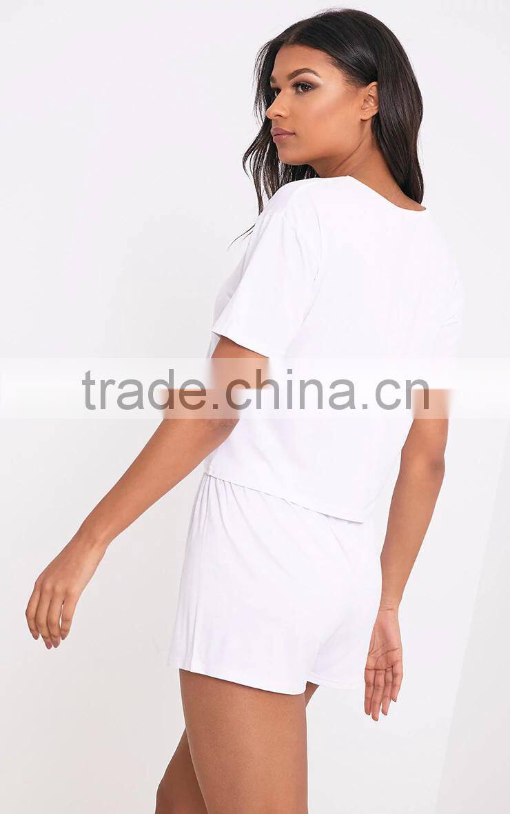 Basic White Women PJ Set Plain Cotton Short Pajamas Summer Pyjama Wholesale