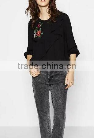 Runwaylover EY2373B Europe Style 2017 Ladies Fashion Falbala Embroidery Blouse