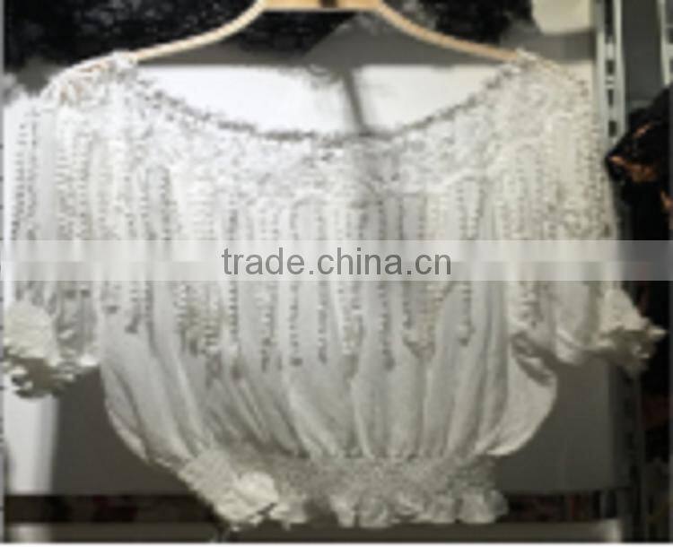 2017 In-Stock Items european style soft new fashion women chiffon blouse with lace hem sleeves