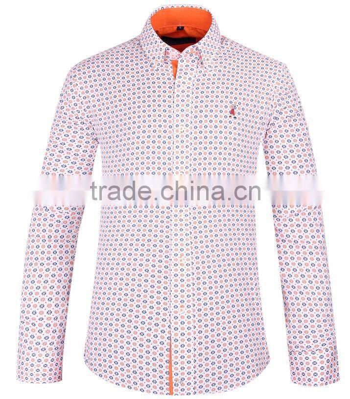 2017 floral printed men's long sleeve button down collar slim fit shirt with contrast collar and cuff