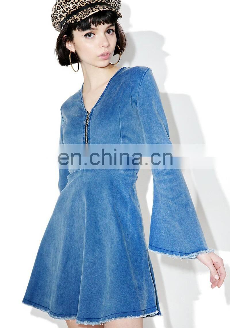 Fashion Jean Dress Long Sleeve Denim Dress with Flared Cuffs Rayed Edging