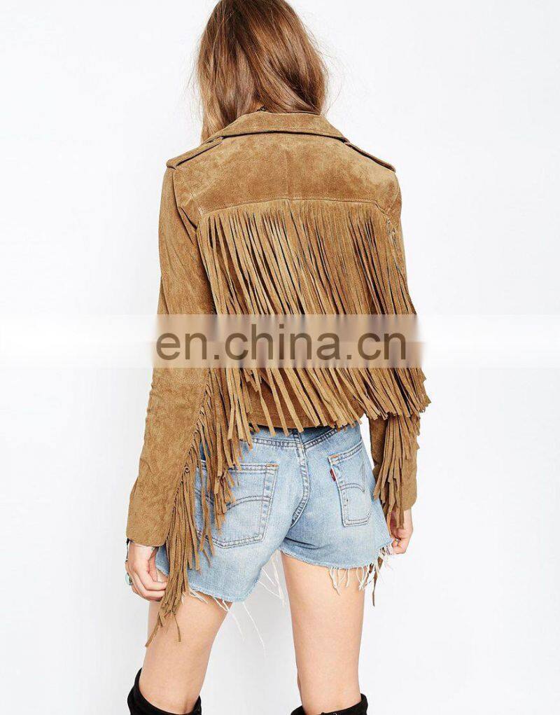 Asymmetric zip front with Fringing in Suede Biker Women Jacket