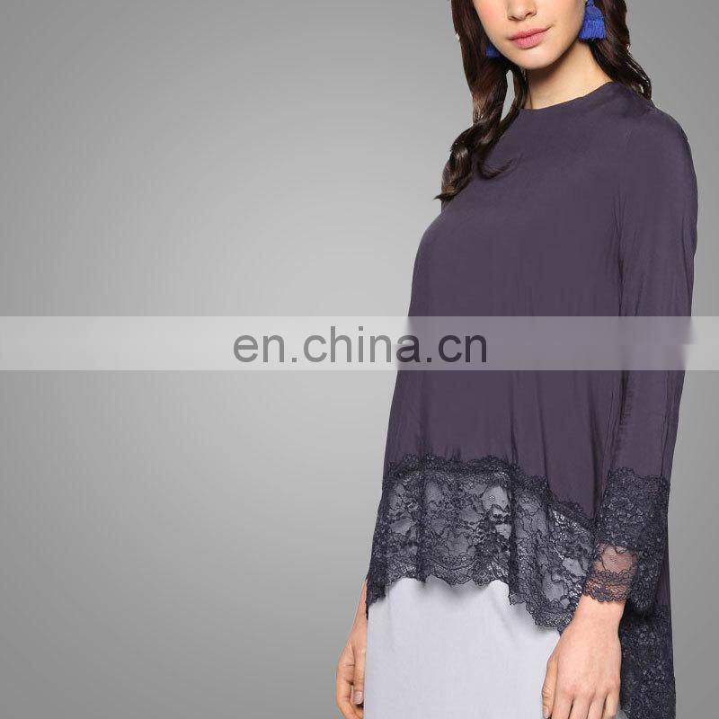 2017 New Fashion Silk Satin Material Women Long Sleeve Blouse Islamic O Neck Tunic With Black Lace Casual Muslim Top