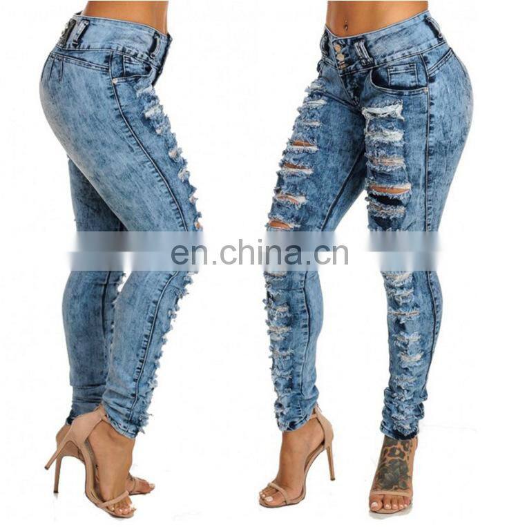 Customized wholesale new style jeans ripped high waist single breasted jeans with small feet pencil pants trousers washed pants