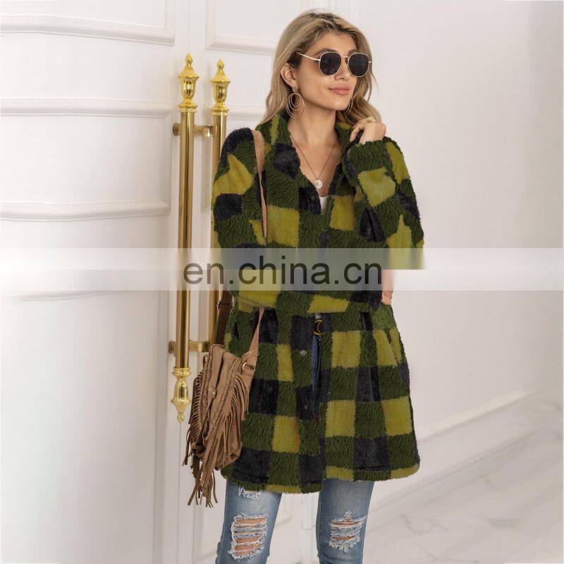 2021 autumn and winter new European and American women's Amazon plush plaid long coat plush coat
