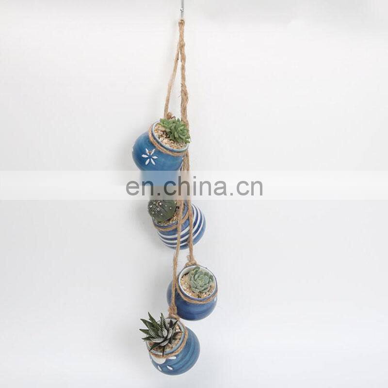 4pcs/set Wall-mounted Ceramics Flower Pots & Planters Home Decor Succulent Hemp Rope Ceramic Flowerpot Plant Hanging Pot