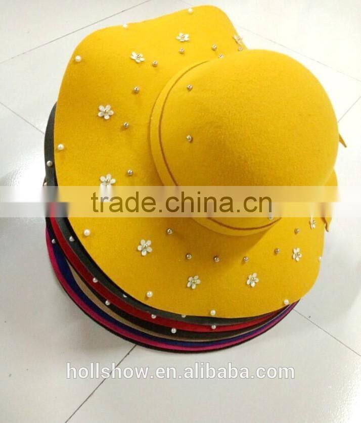 Fashion Women Flower Pearl Beaded Large Brim Trilby Fedora Hats with Ribbon