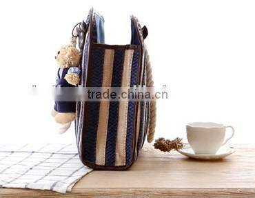 Ladies fashion blue stripe beach straw bag