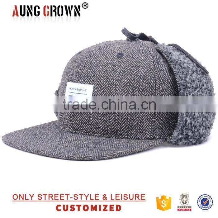 Custom Wool Hat With Ear Flaps/Ear Flaps Flat Brim Cap
