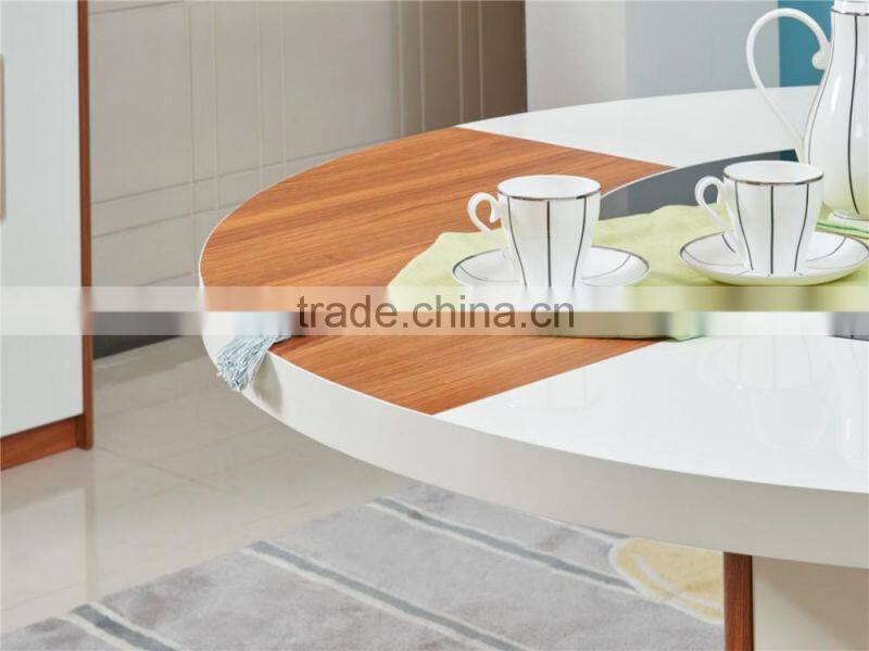 Modern wooden high glossy white and teak color round functional dining table and dining chair in dining room sets