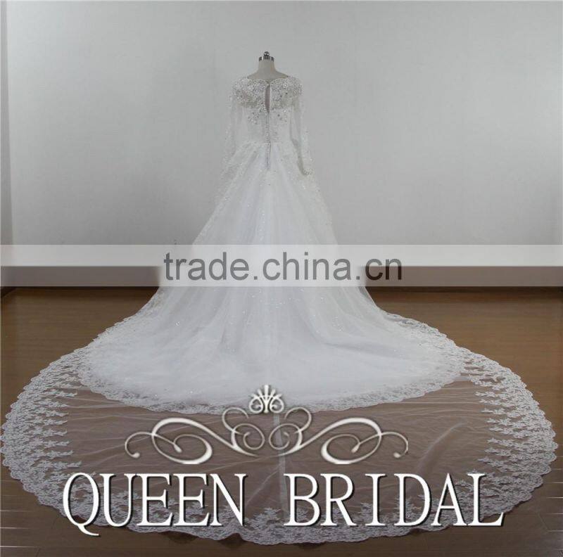 Long Sleeve Appliqued Lace Crystal Beaded Arabic Wedding Dress For Muslim Woman