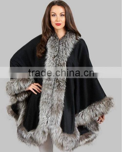 Original Design Long Pushmina Poncho With Silver Fox Fur Trim Ladies Fur Cashmere Shawl/Cape