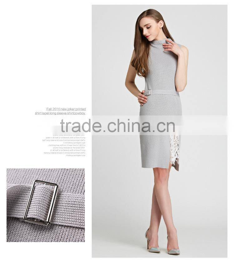 Fashion Lady Sleeveless Knitting Dress 2016 Summer Woman Thin Long Sweater Pullover Femme Robe De Tricot Lace Patchwork