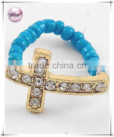 Gold Tone Turquoise Seed Beads Cross Stretch Ring