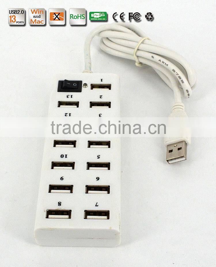 Hot sell High- performance Portable 480MBPS usb2.0 13 port hub with one switch+large capacity
