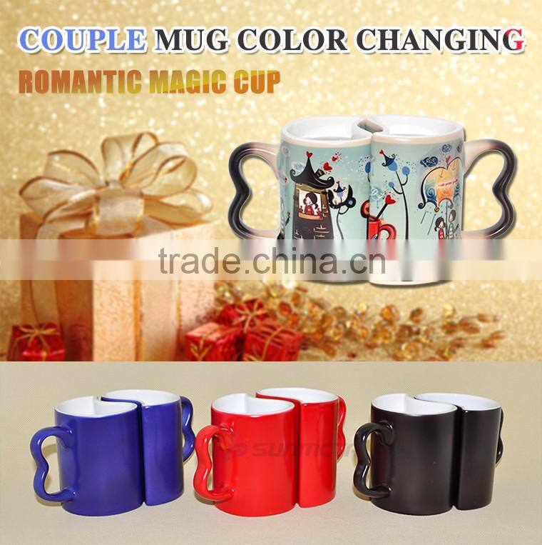 High Quality Heart Shape Magic Ceramic Sublimation Couple Mug