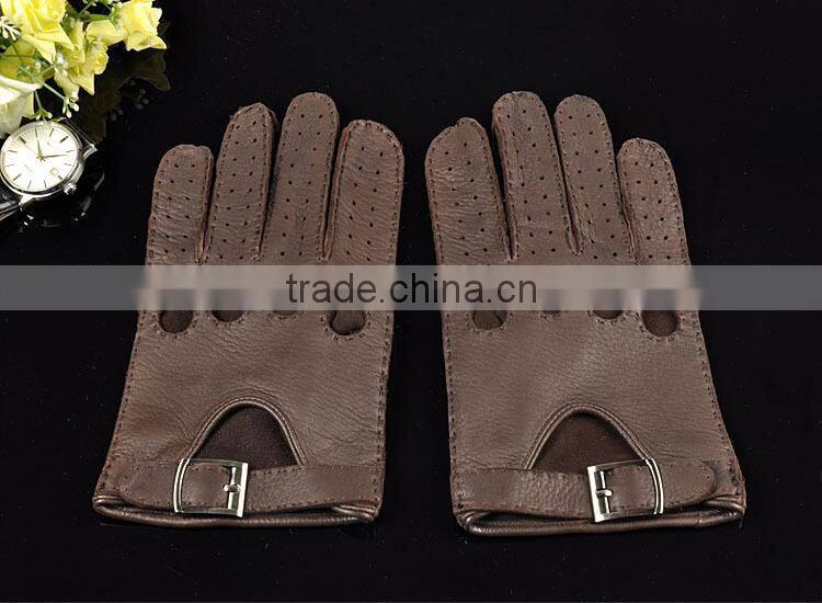 Top luxury buckle hand sewing breathable driving gloves dark brown deerskin leather gloves for men