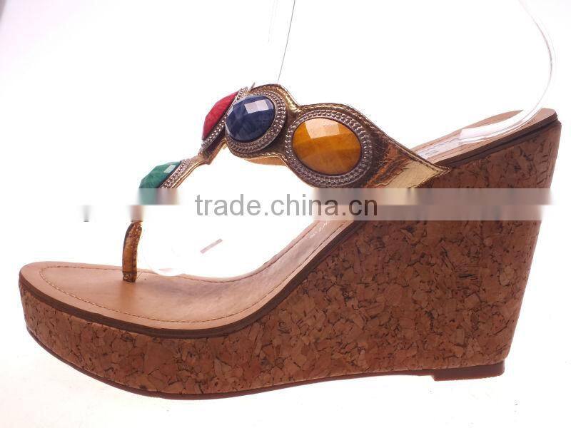 Beautiful women funky wedge sandals with rhinestone and wood grain sole