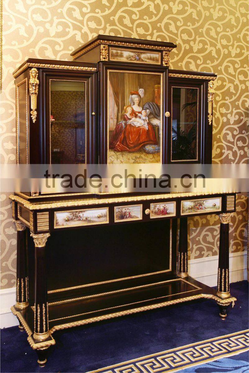 Luxury French Baroque Style Living Room Wine Cabinet/ Classic Glass Double Door Display Cabinet/ Brass Decorative Vitrine
