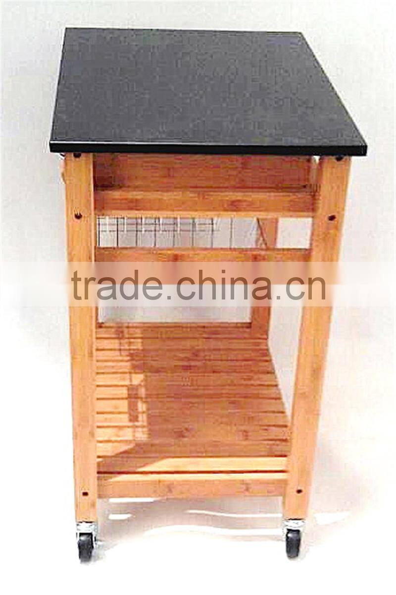 Hot sale bamboo kitchen trolley design with basket and wheels