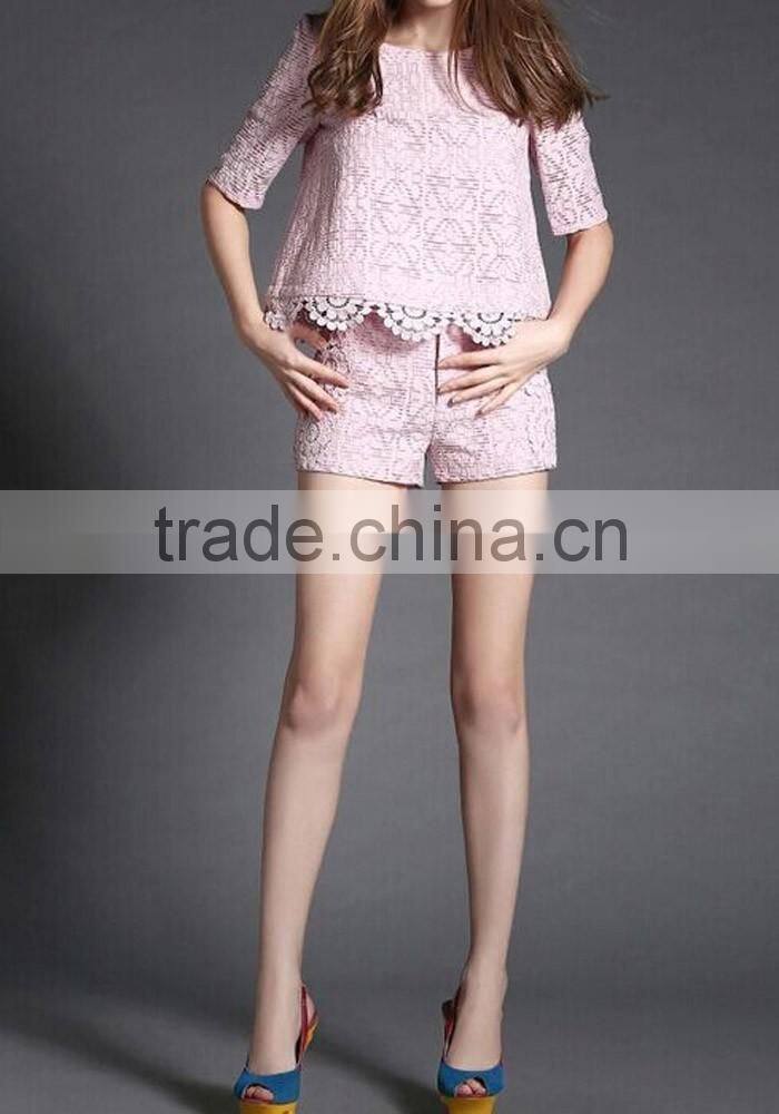 Latest women fasion lace suit short sleeve crop top and shorts