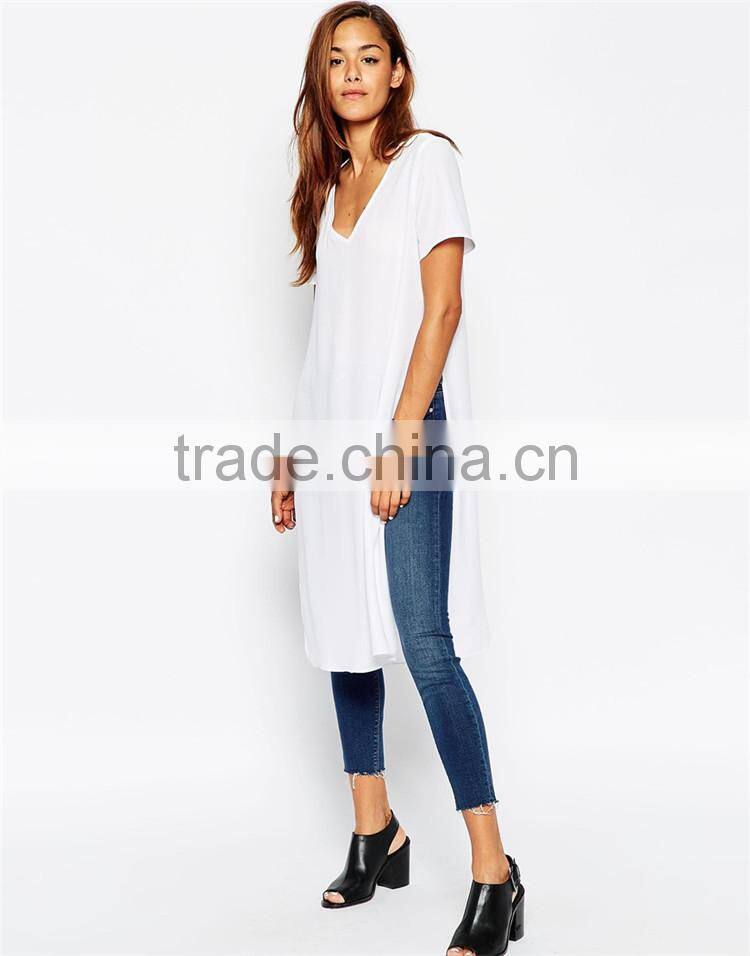 Girls longline plain white v neck 100 cotton white t shirt