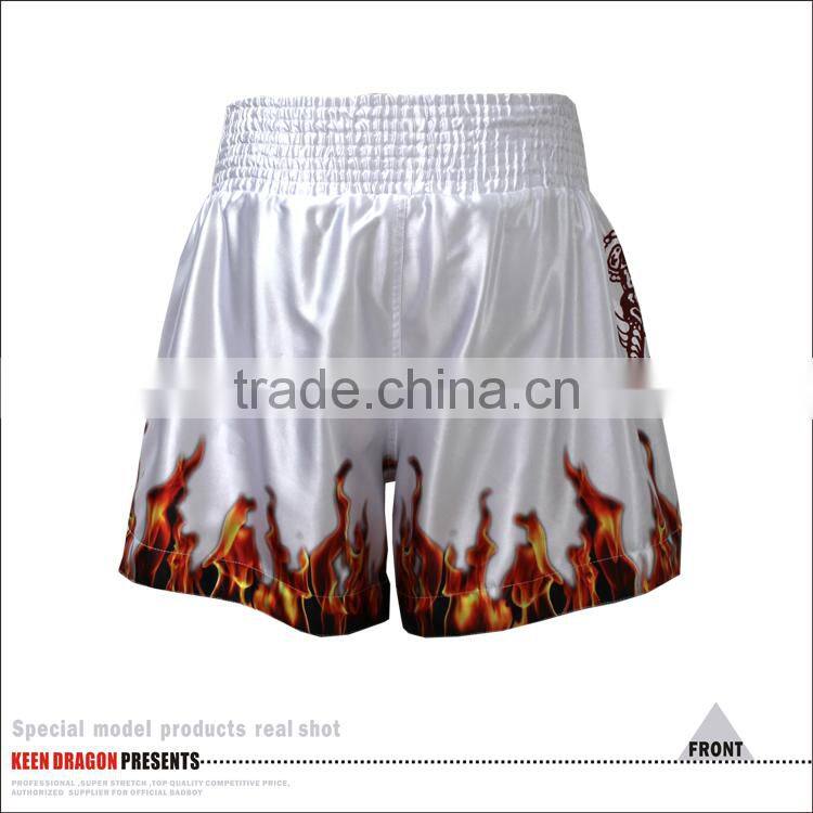 Men's boxing garment 100% polyester satin firepower printed mma muay thai boxing shorts